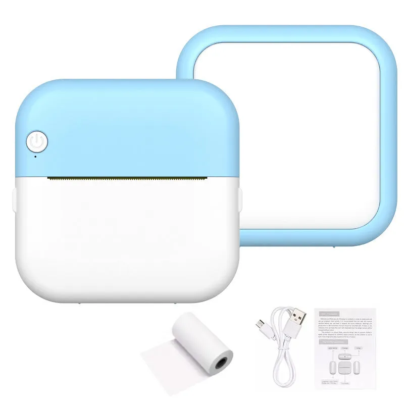 Student mini thermal label printer in blue with USB cable and paper roll