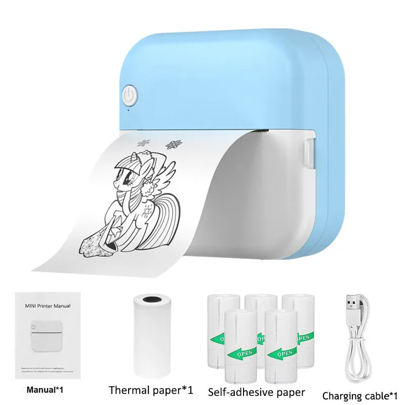 Student mini thermal label printer in blue with USB cable and paper roll