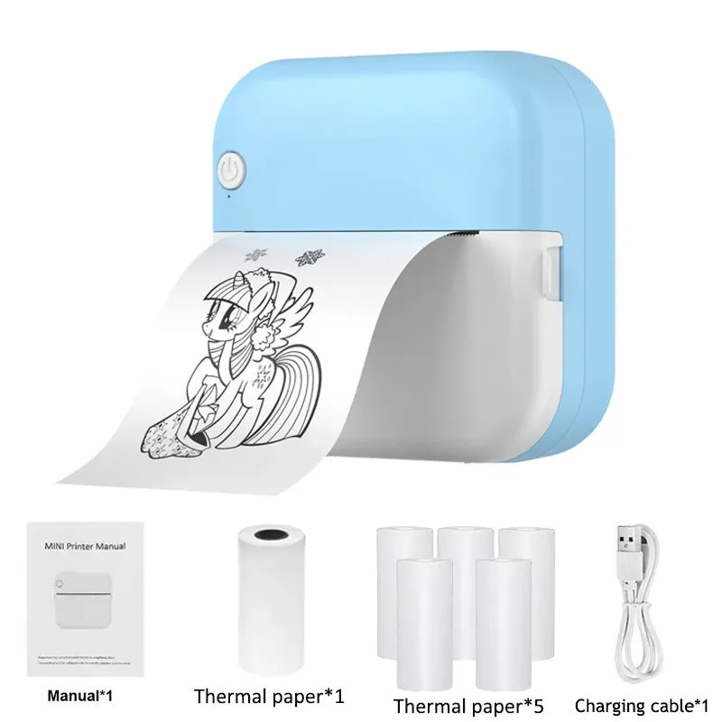 Student mini thermal label printer in blue with USB cable and paper roll