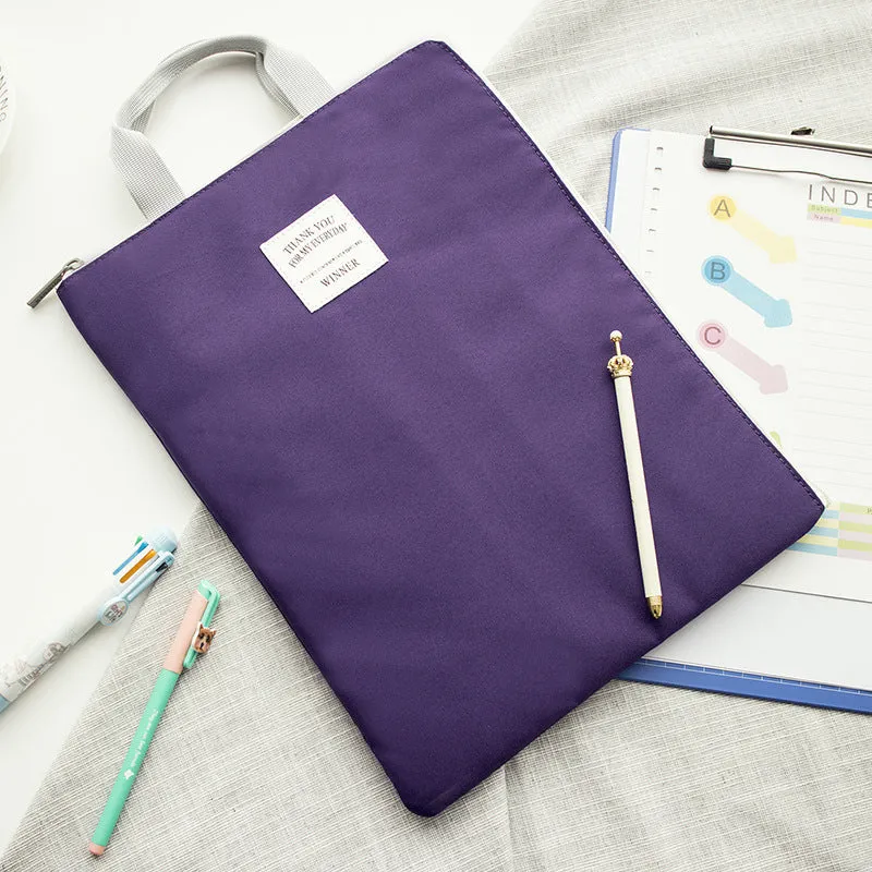 Winner solid colour large capacity nylon A4 file package with zipper closure and double strap in twelve colours