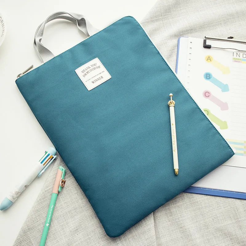 Winner solid colour large capacity nylon A4 file package with zipper closure and double strap in twelve colours