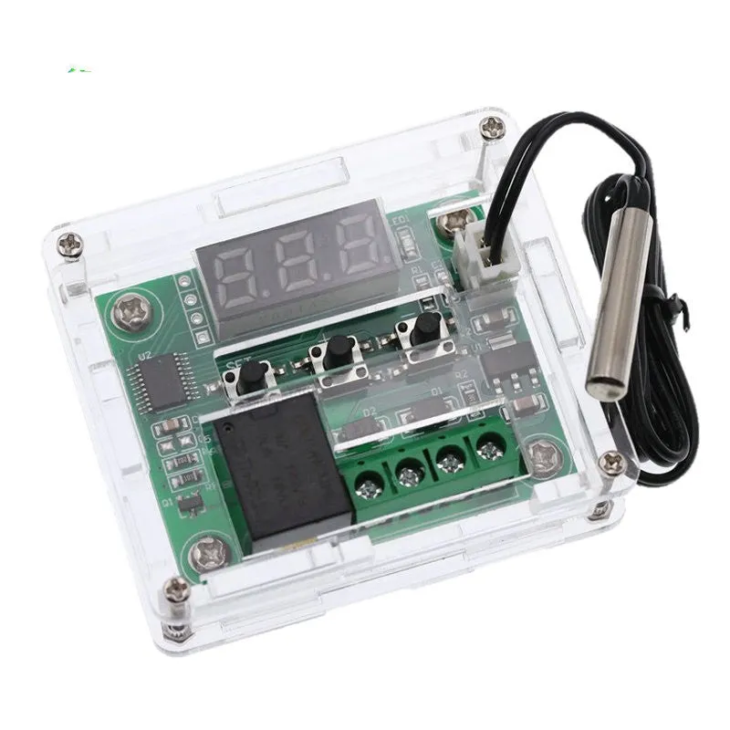 W1209 digital thermostat with acrylic shell and blue light display on a white background