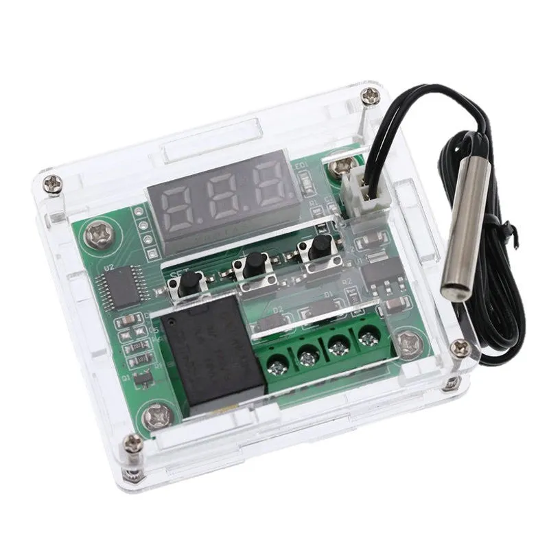 W1209 digital thermostat with acrylic shell and blue light display on a white background