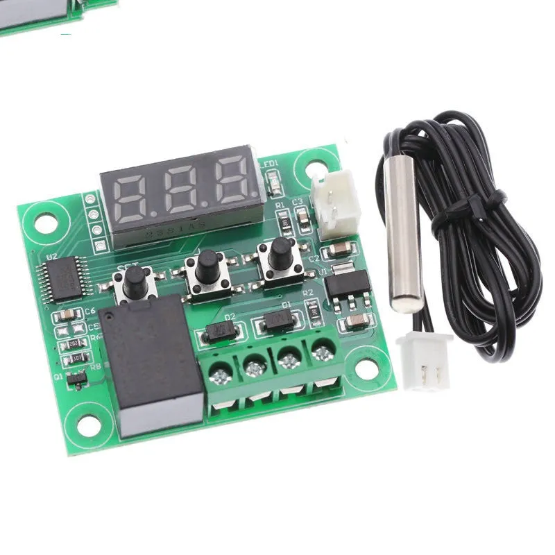 W1209 digital thermostat with acrylic shell and blue light display on a white background