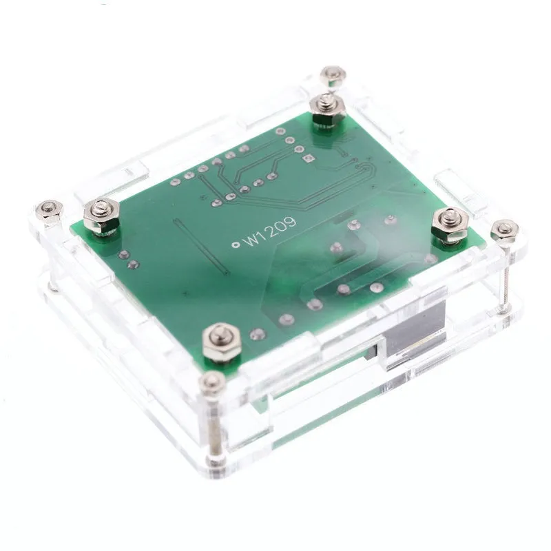 W1209 digital thermostat with acrylic shell and blue light display on a white background