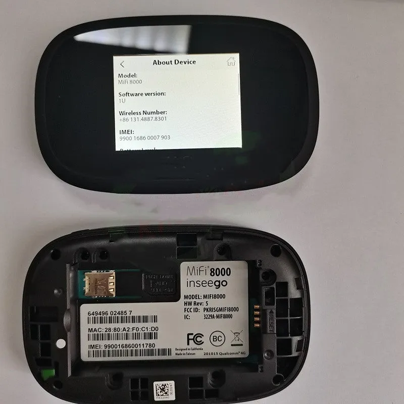 Black Mifi8000 portable 4G wireless router with compact design showing front panel indicators