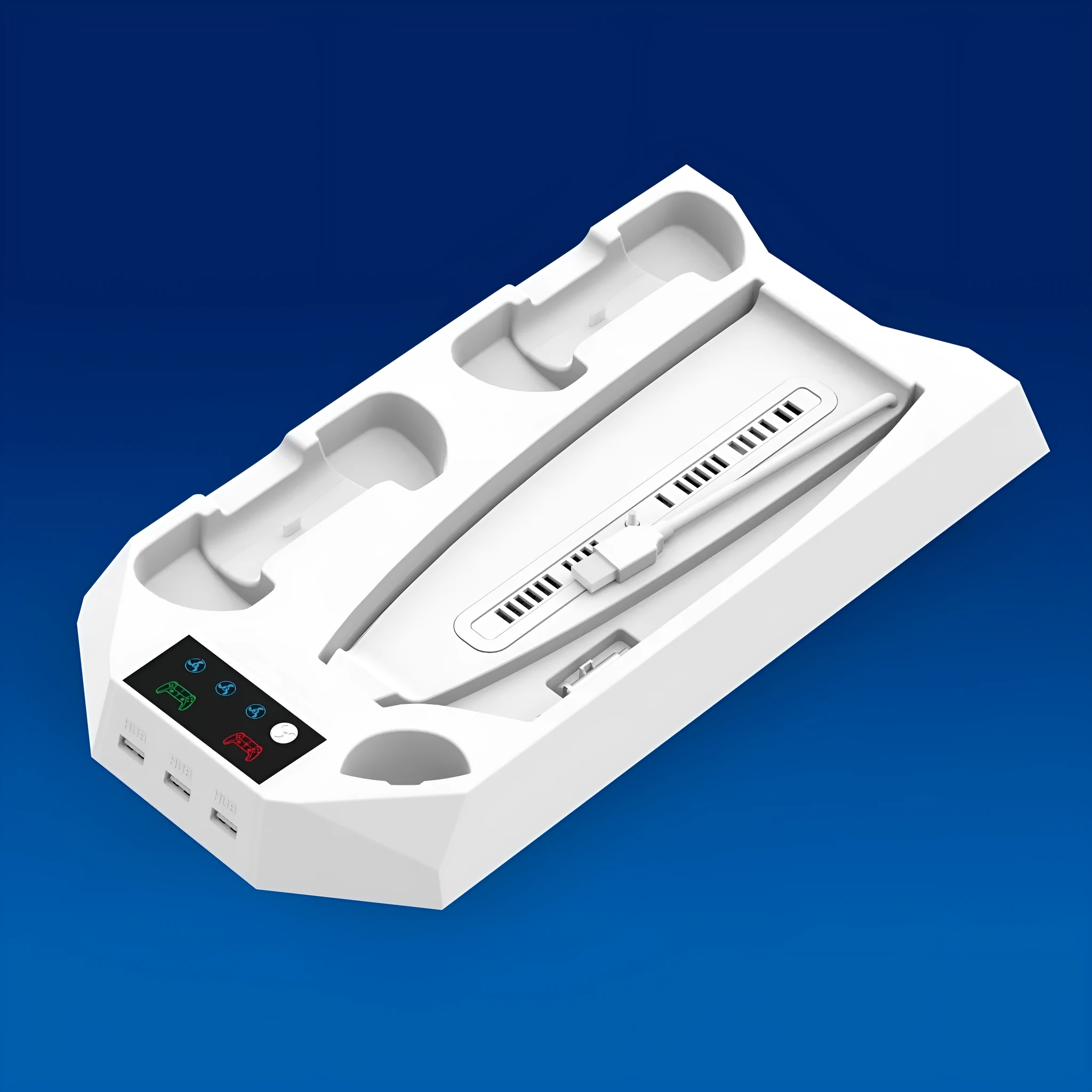 PS5 charging station with integrated cooling radiator in black colour showing controller charging ports