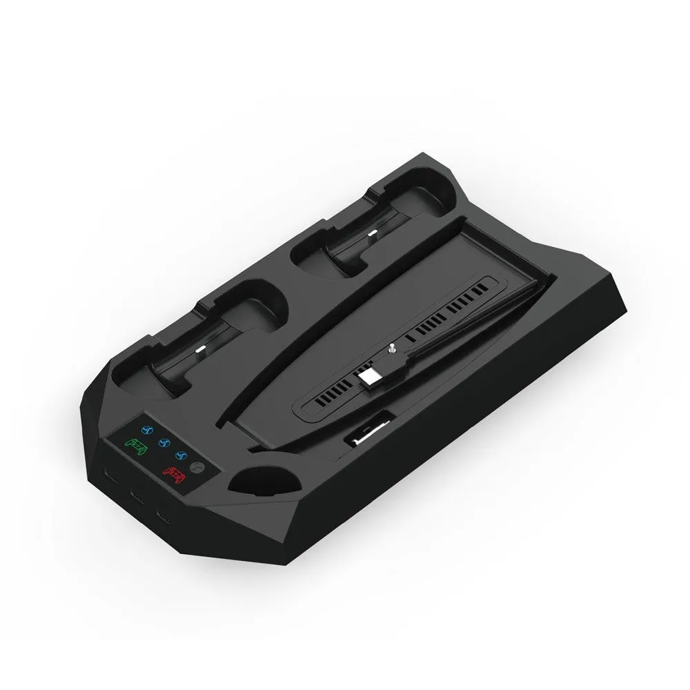 PS5 charging station with integrated cooling radiator in black colour showing controller charging ports