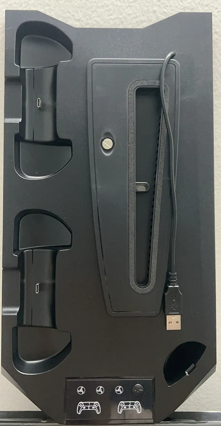 PS5 charging station with integrated cooling radiator in black colour showing controller charging ports