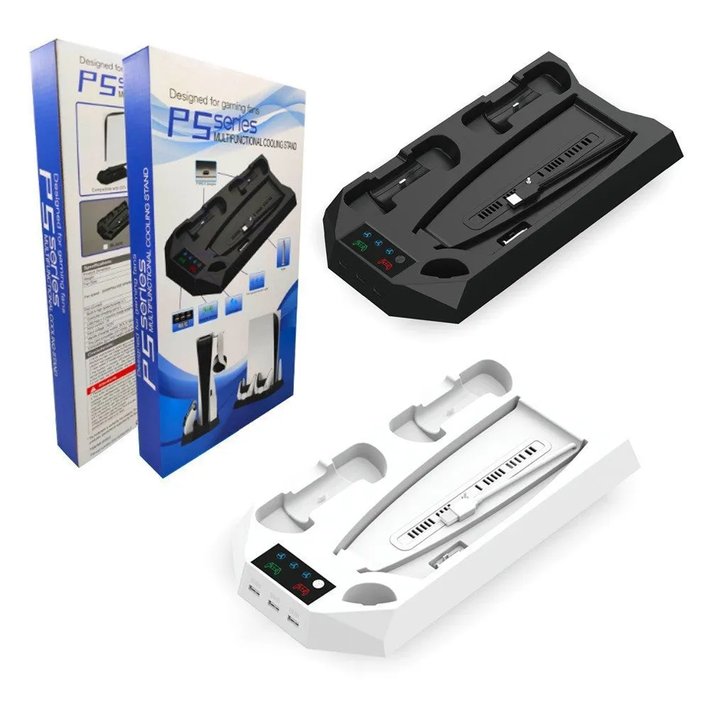 PS5 charging station with integrated cooling radiator in black colour showing controller charging ports