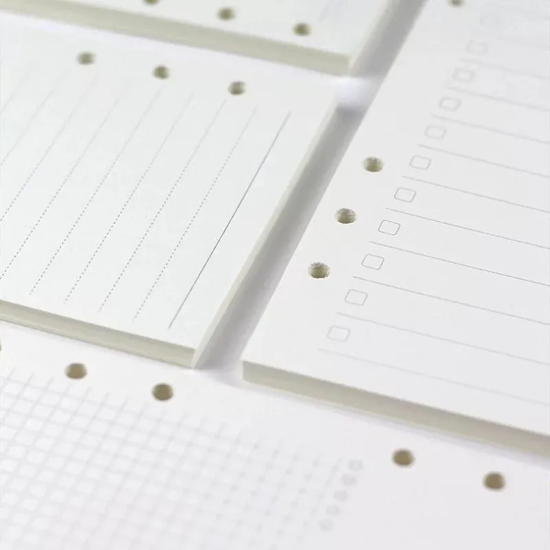 6-hole loose-leaf refill pack with A5 Daolin paper sheets showing blank, dot, line and square grid layouts