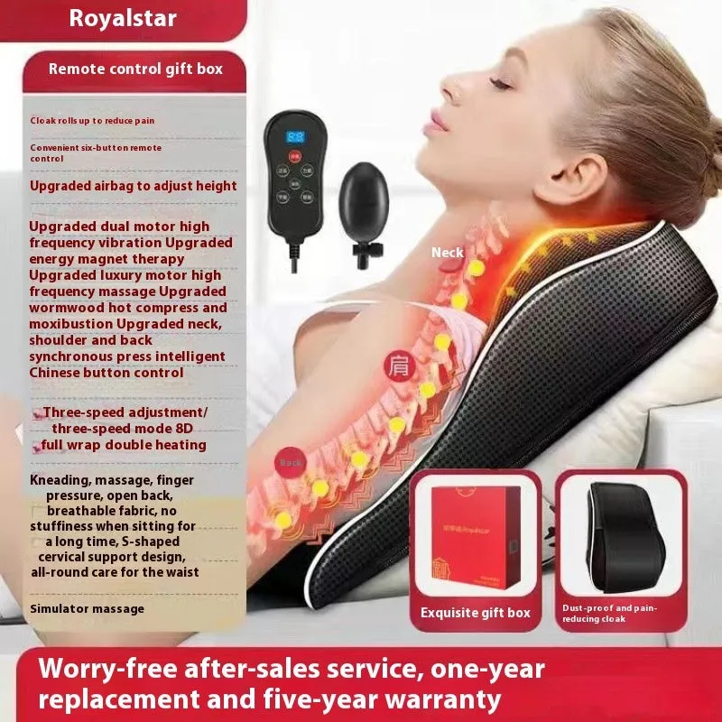 Intelligent multifunctional massage pillow with remote control, hot compress, and argy wormwood in luxury configuration on a sofa