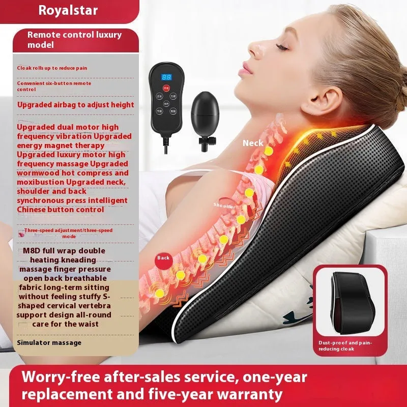 Intelligent multifunctional massage pillow with remote control, hot compress, and argy wormwood in luxury configuration on a sofa