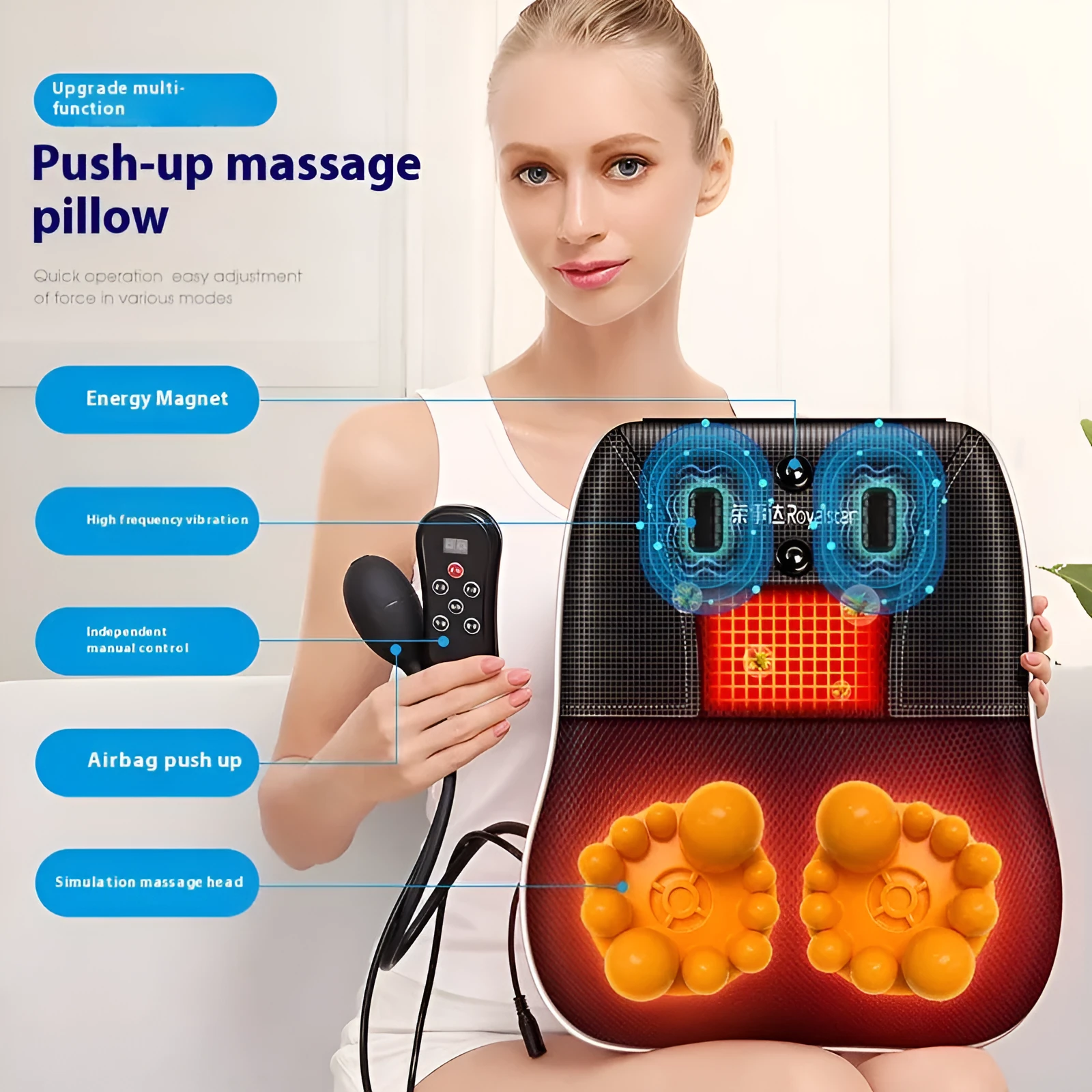 Intelligent multifunctional massage pillow with remote control, hot compress, and argy wormwood in luxury configuration on a sofa