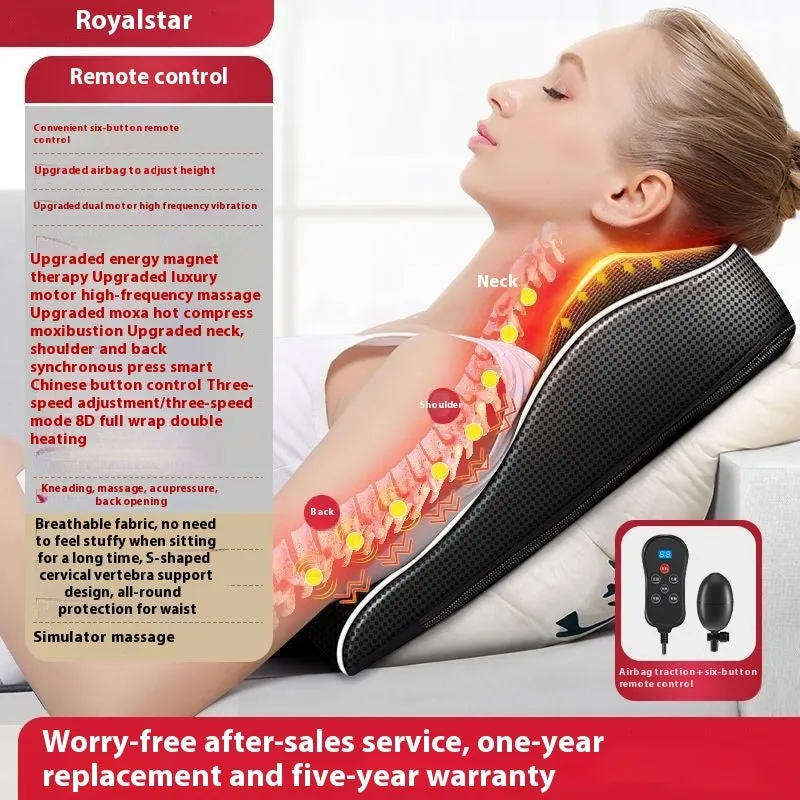 Intelligent multifunctional massage pillow with remote control, hot compress, and argy wormwood in luxury configuration on a sofa