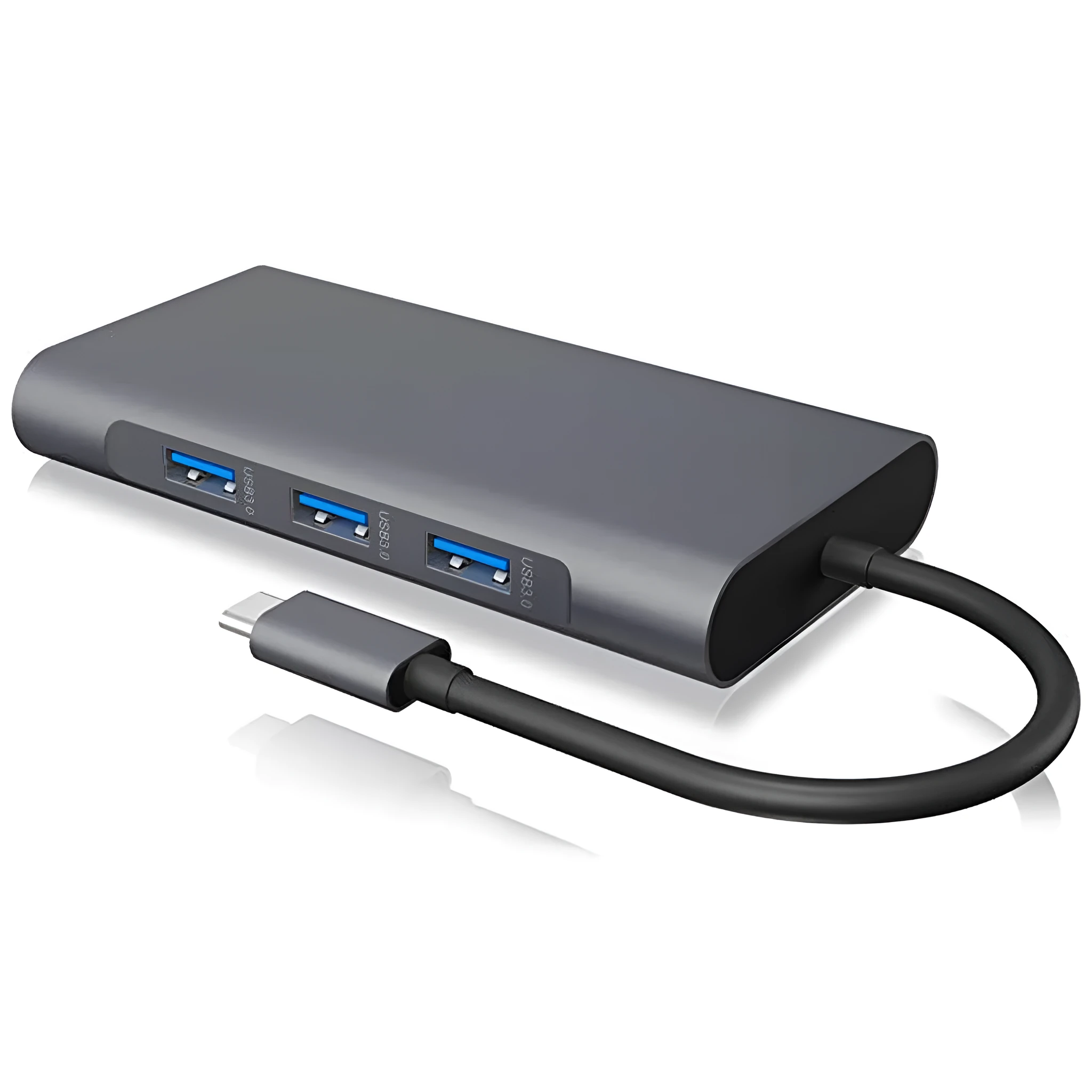 Black USB-C hub 10-in-1 with HDMI, VGA, Ethernet, SD card slots, and PD 100W charging port