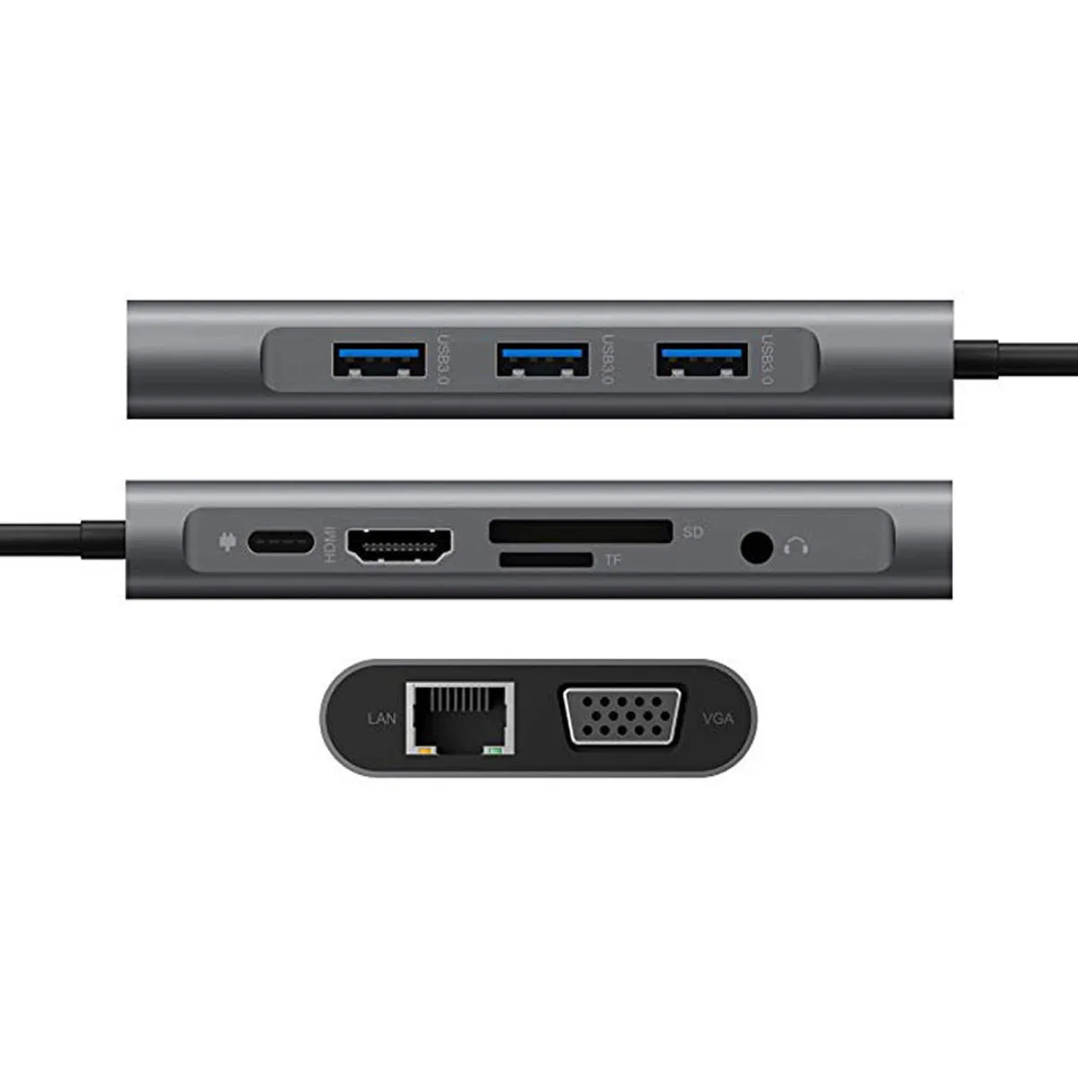 Black USB-C hub 10-in-1 with HDMI, VGA, Ethernet, SD card slots, and PD 100W charging port