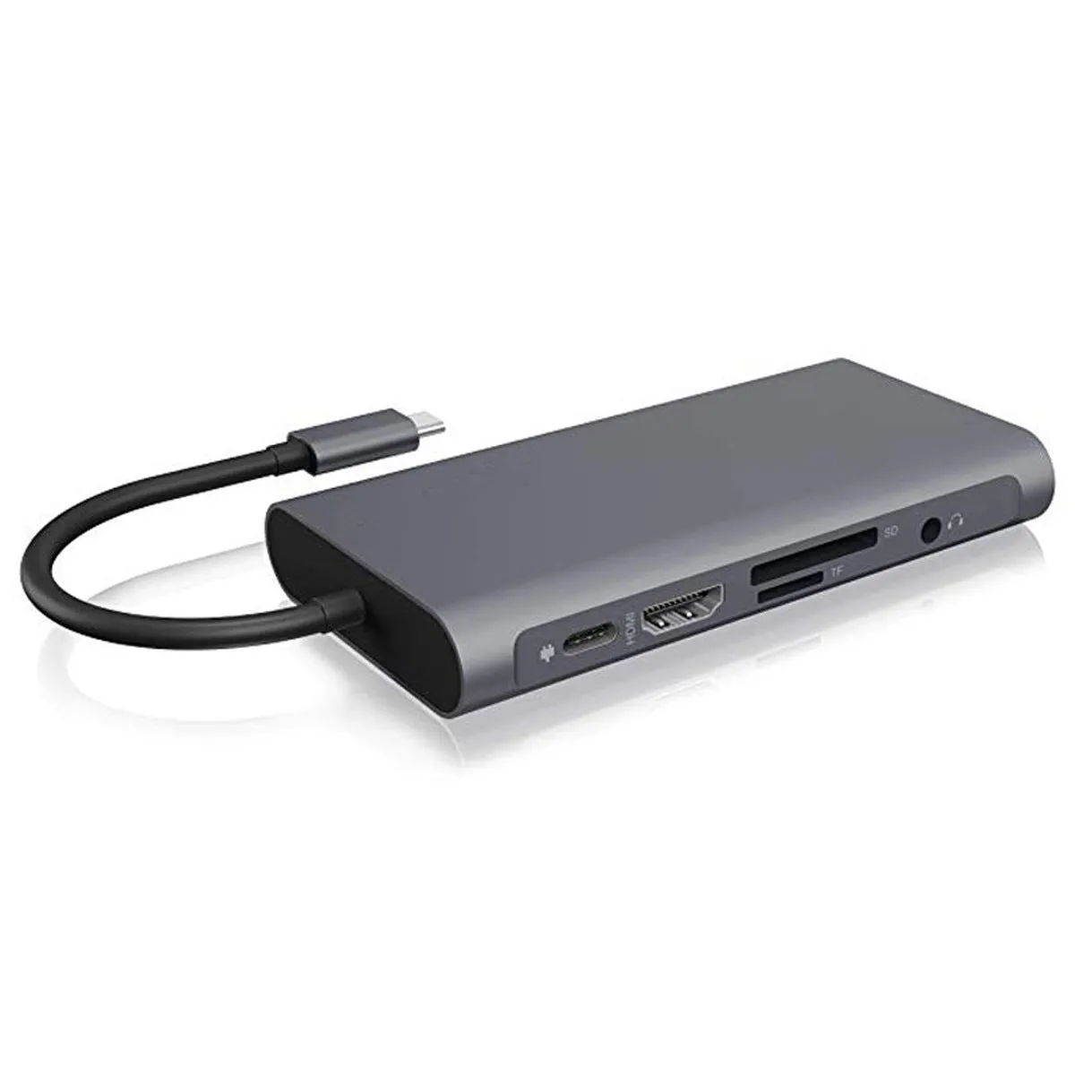 Black USB-C hub 10-in-1 with HDMI, VGA, Ethernet, SD card slots, and PD 100W charging port