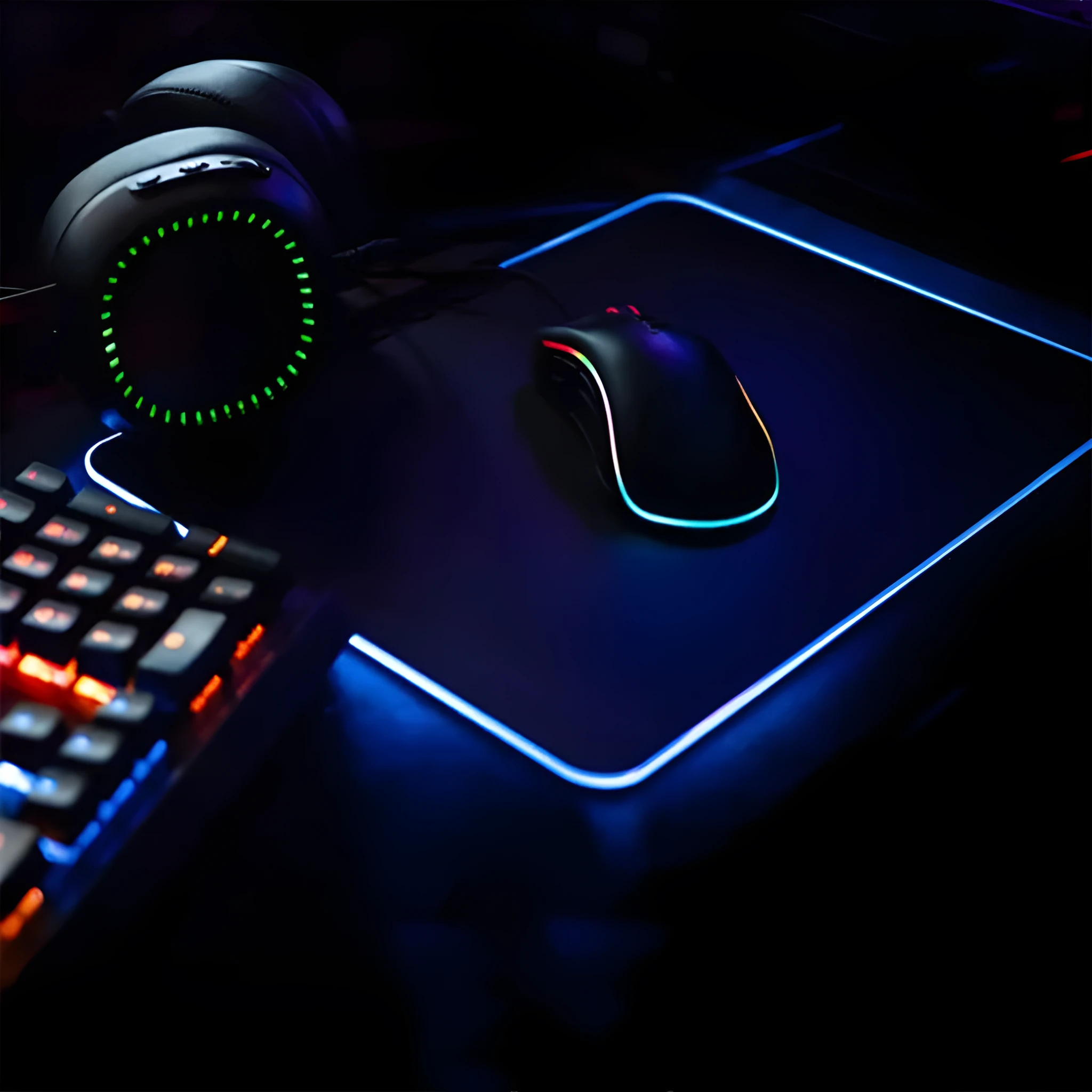 RGB illuminated mouse pad with non-slip rubber base and cloth surface in black