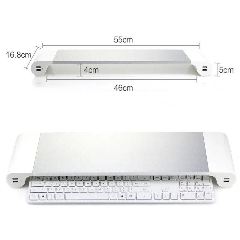 Silver aluminium alloy notebook computer heighten base bracket with USB charging port on a desk