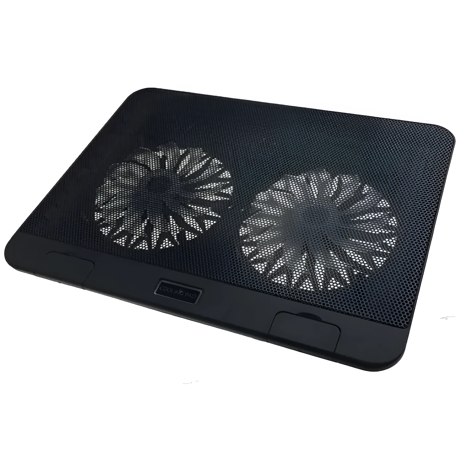 Aluminium notebook cooling base with 140mm exhaust fan in black on desk under a laptop