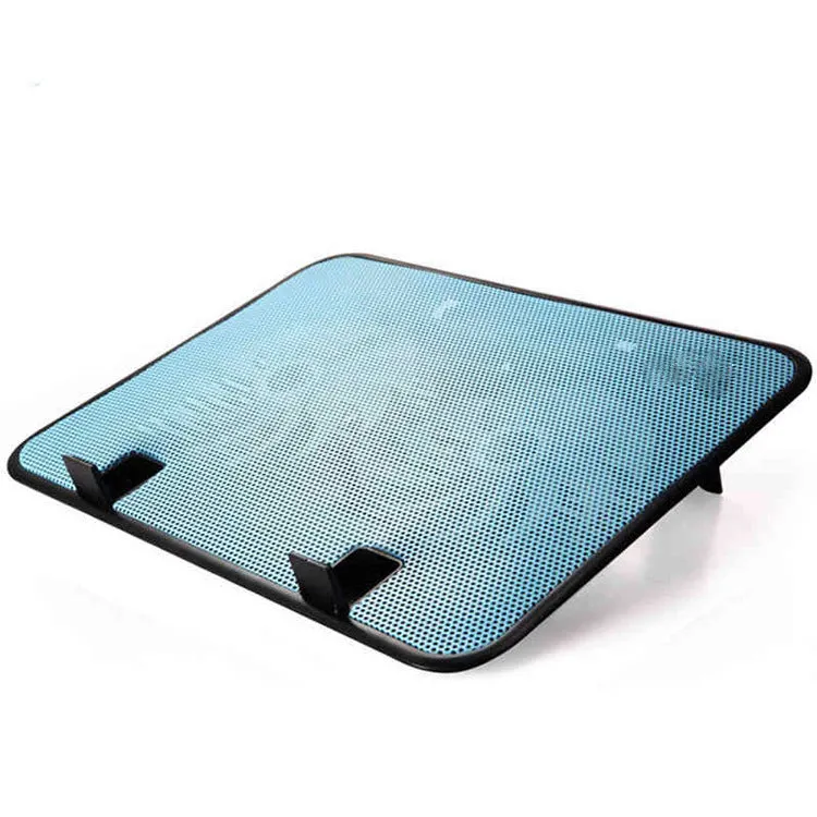 Aluminium notebook cooling base with 140mm exhaust fan in black on desk under a laptop