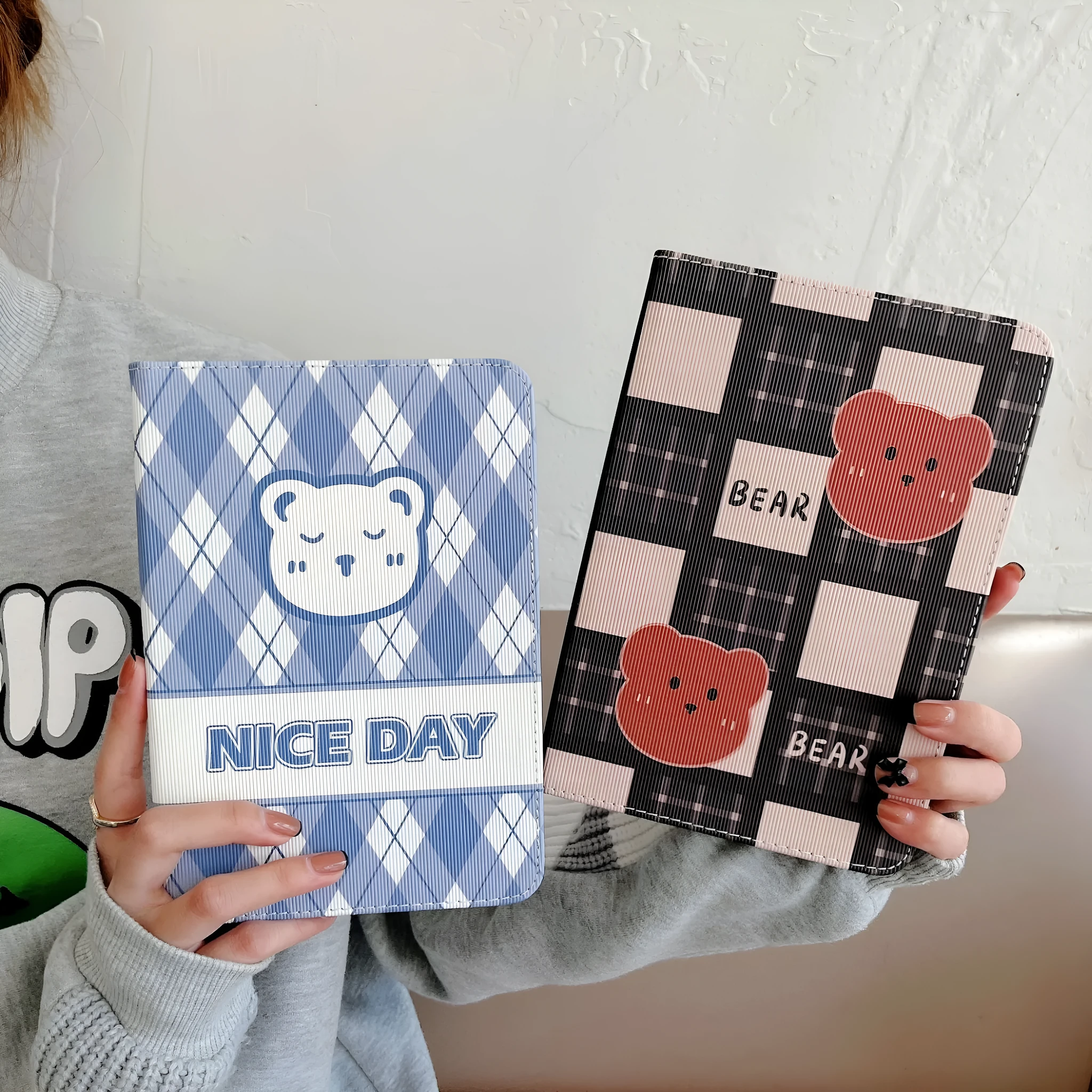 Cartoon protective flat case for iPad with black and brown plaid bear design, flip cover, silicone and TPU construction