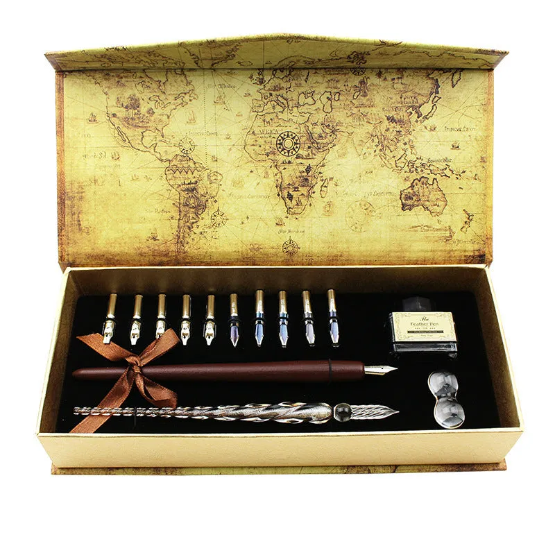 Handmade glass dip pen with wooden handle and stainless steel nib in gift box for Valentine's Day