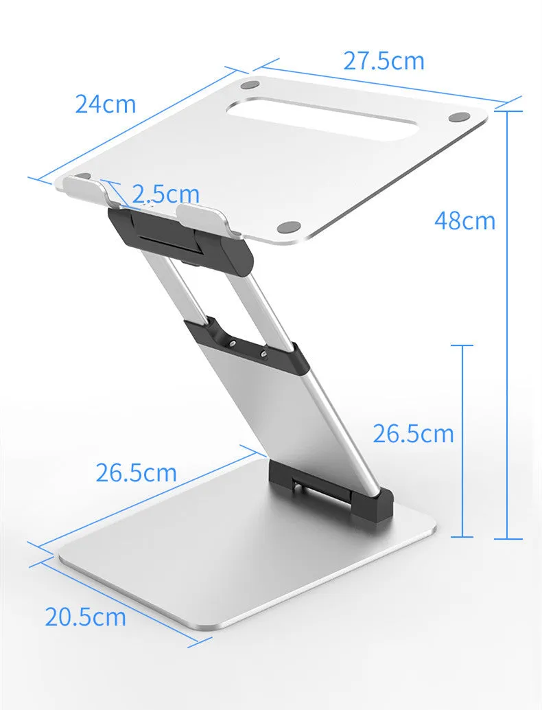 Silver aluminium alloy folding double-arm stepless stand holding a 17-inch notebook on a desk