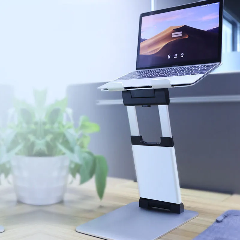 Silver aluminium alloy folding double-arm stepless stand holding a 17-inch notebook on a desk