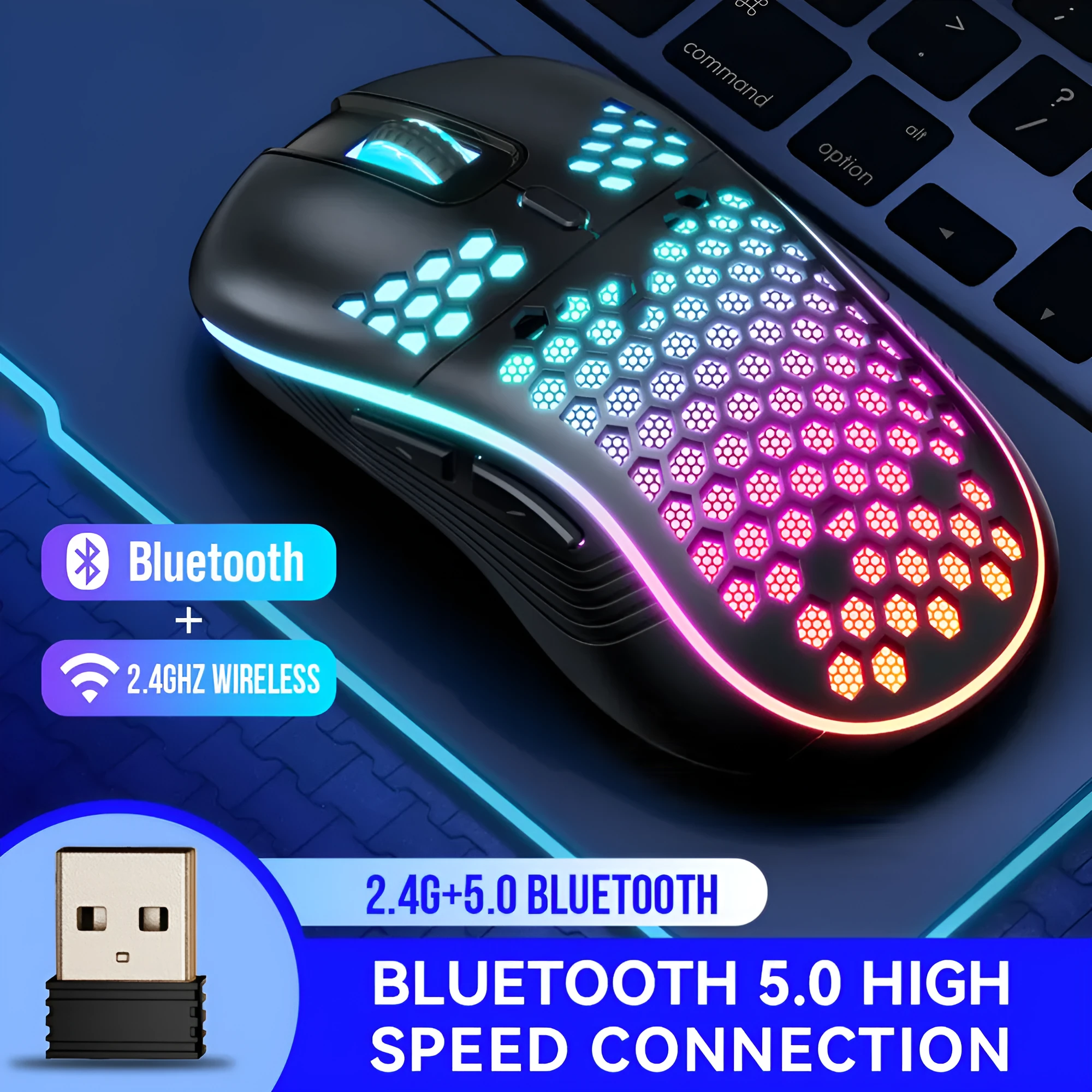 SA-1 Dual Mode Honeycomb Shell RGB Wireless Bluetooth Gaming Mouse in black with honeycomb cutouts and scroll wheel