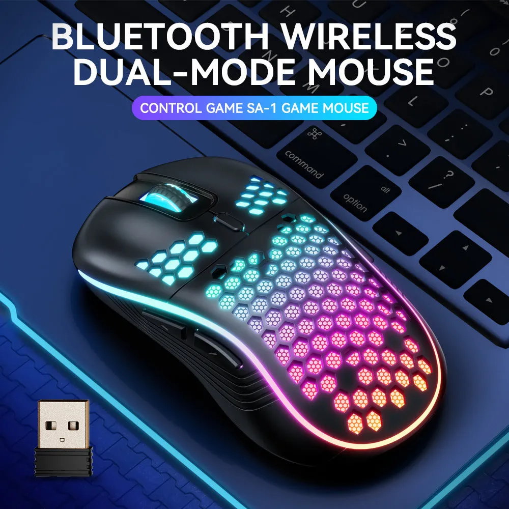 SA-1 Dual Mode Honeycomb Shell RGB Wireless Bluetooth Gaming Mouse in black with honeycomb cutouts and scroll wheel