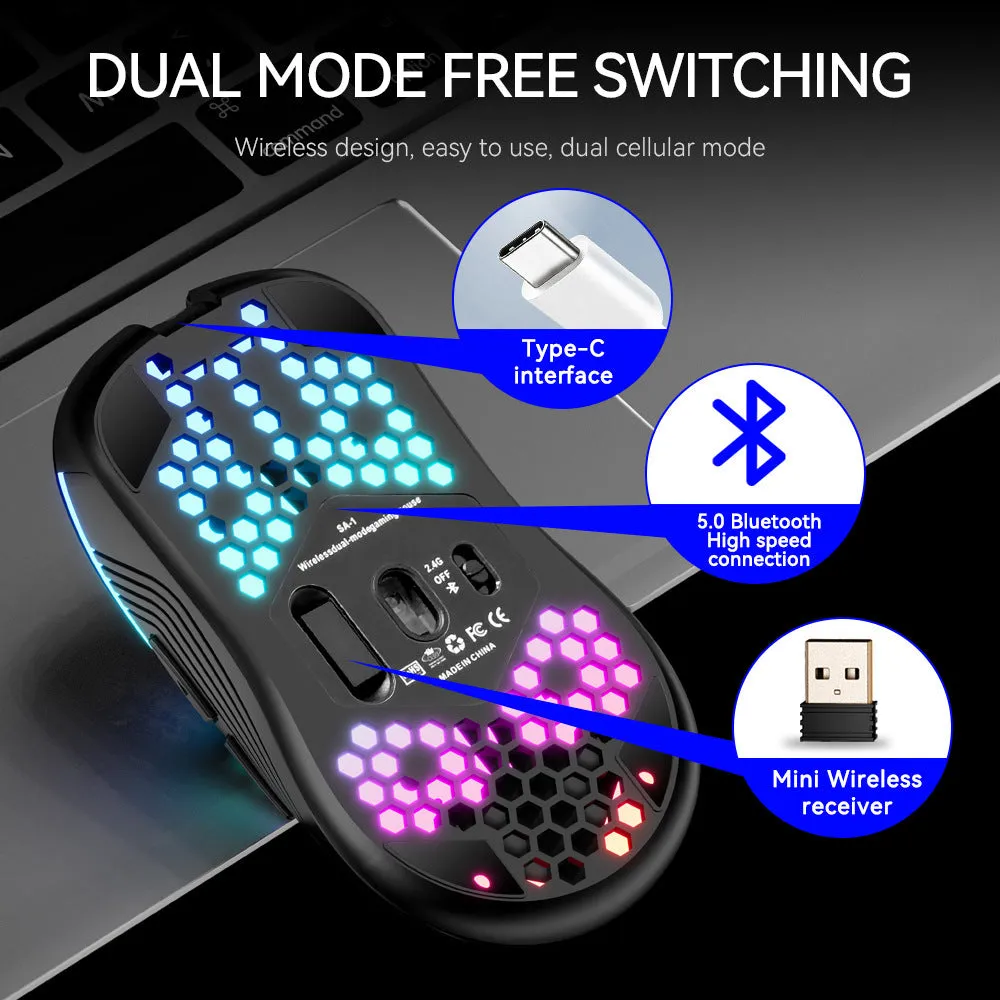 SA-1 Dual Mode Honeycomb Shell RGB Wireless Bluetooth Gaming Mouse in black with honeycomb cutouts and scroll wheel