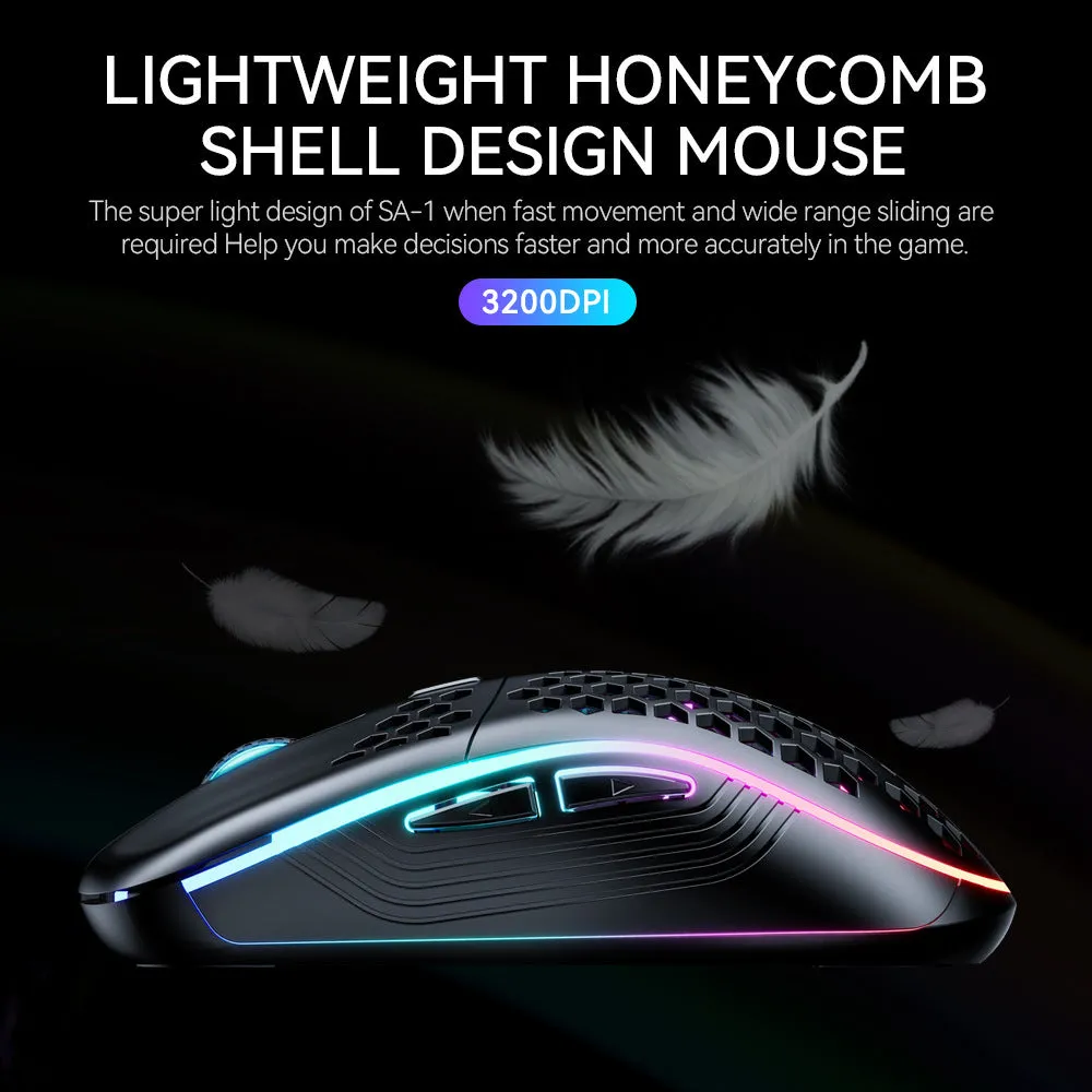SA-1 Dual Mode Honeycomb Shell RGB Wireless Bluetooth Gaming Mouse in black with honeycomb cutouts and scroll wheel