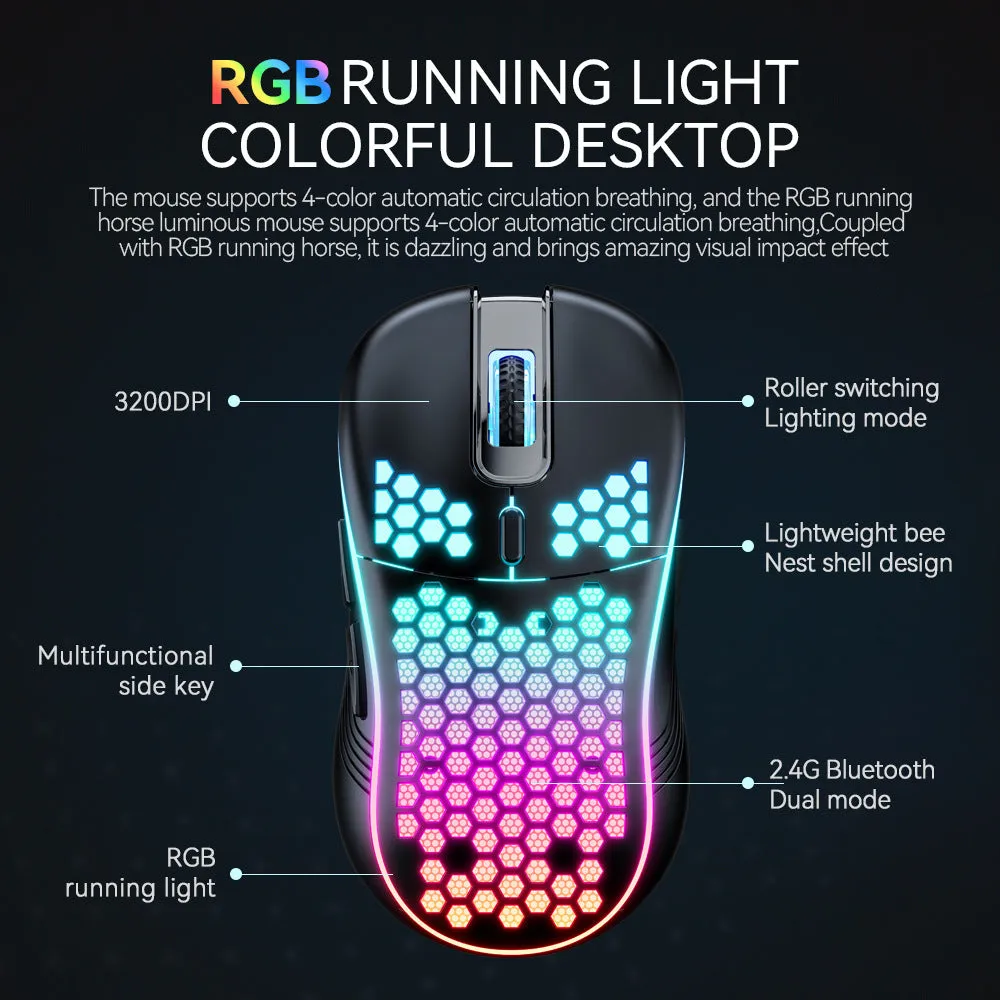 SA-1 Dual Mode Honeycomb Shell RGB Wireless Bluetooth Gaming Mouse in black with honeycomb cutouts and scroll wheel