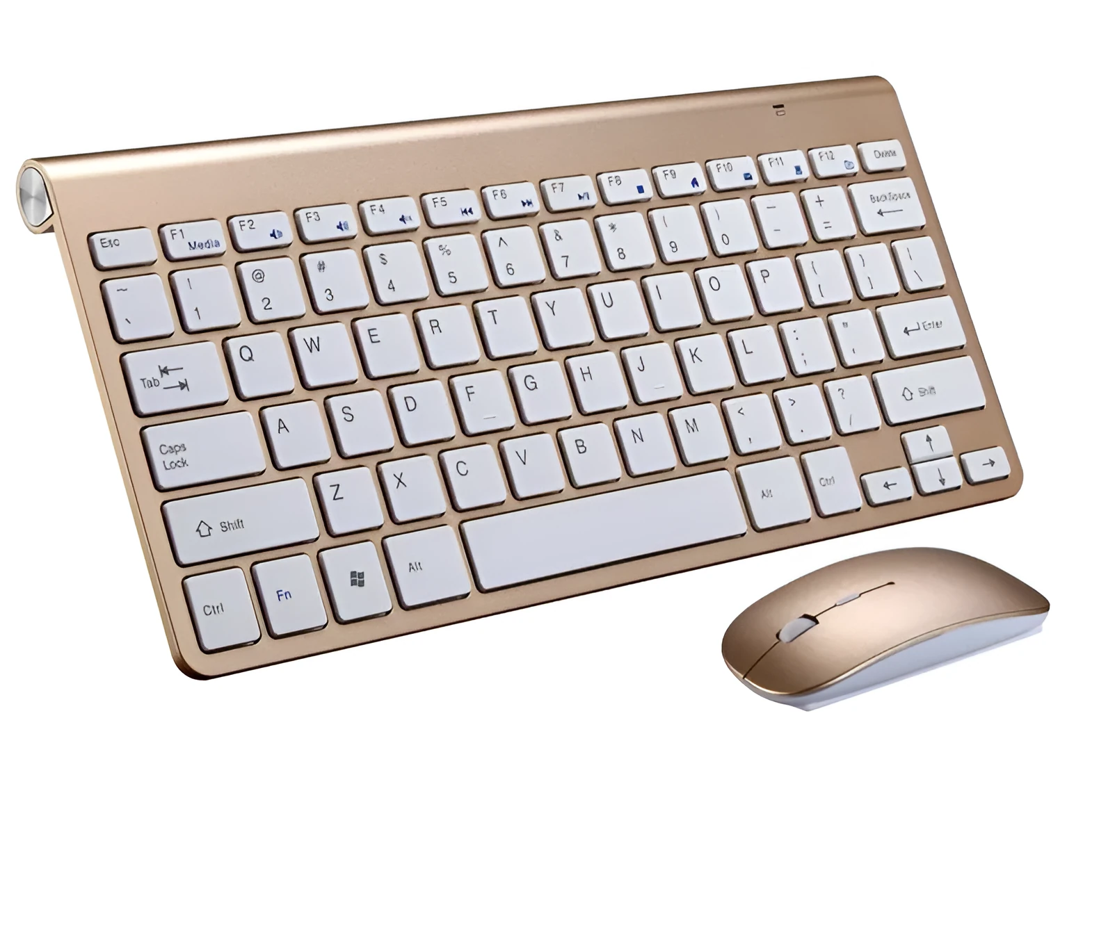 Wireless keyboard and mouse set with slim 10mm keyboard in gold colour on white background