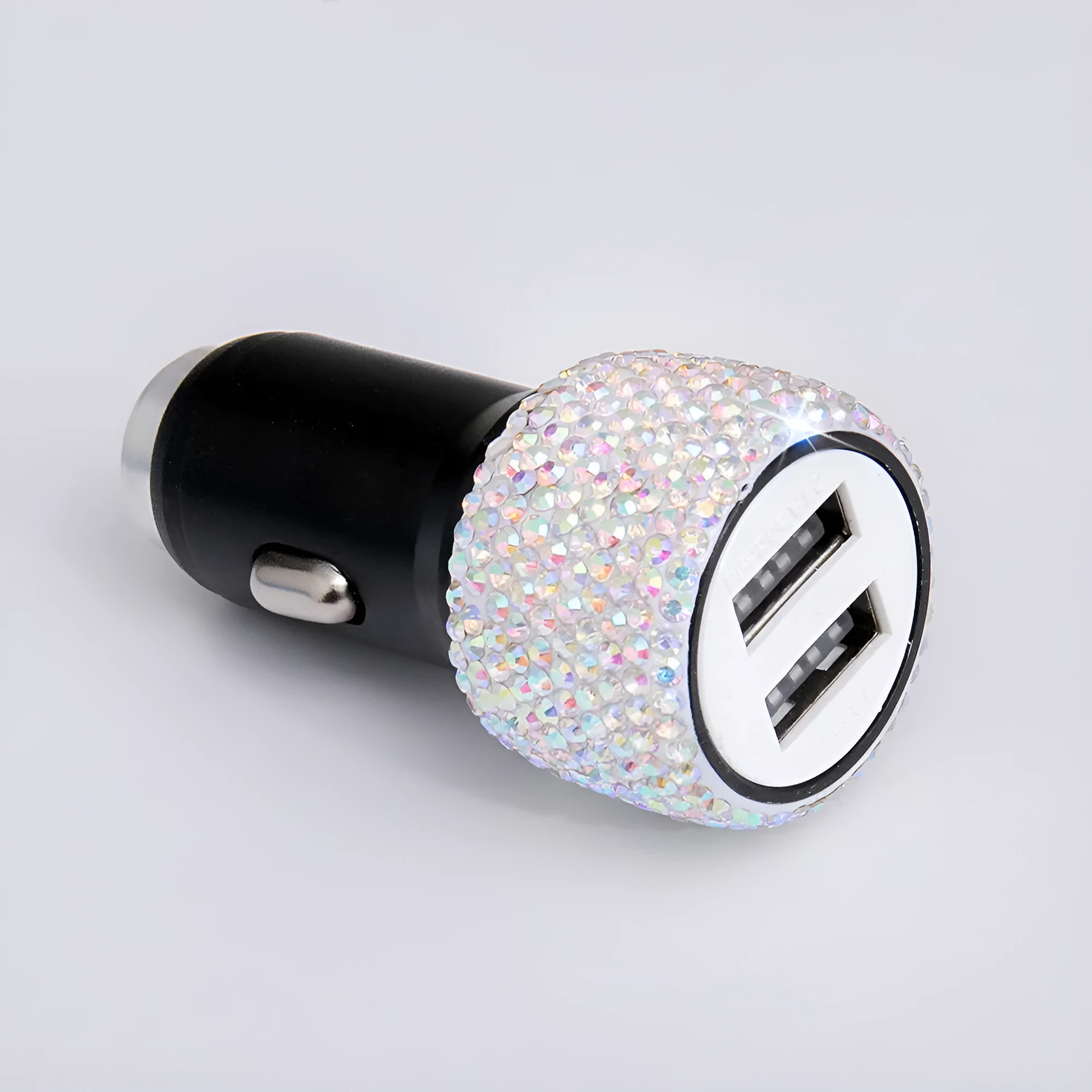 Diamond-studded car mobile phone safety hammer charger with dual USB ports, compact 25mm x 65mm