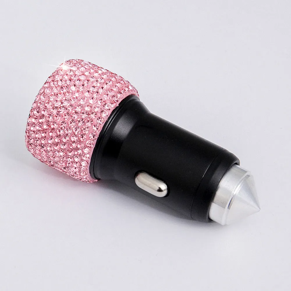 Diamond-studded car mobile phone safety hammer charger with dual USB ports, compact 25mm x 65mm