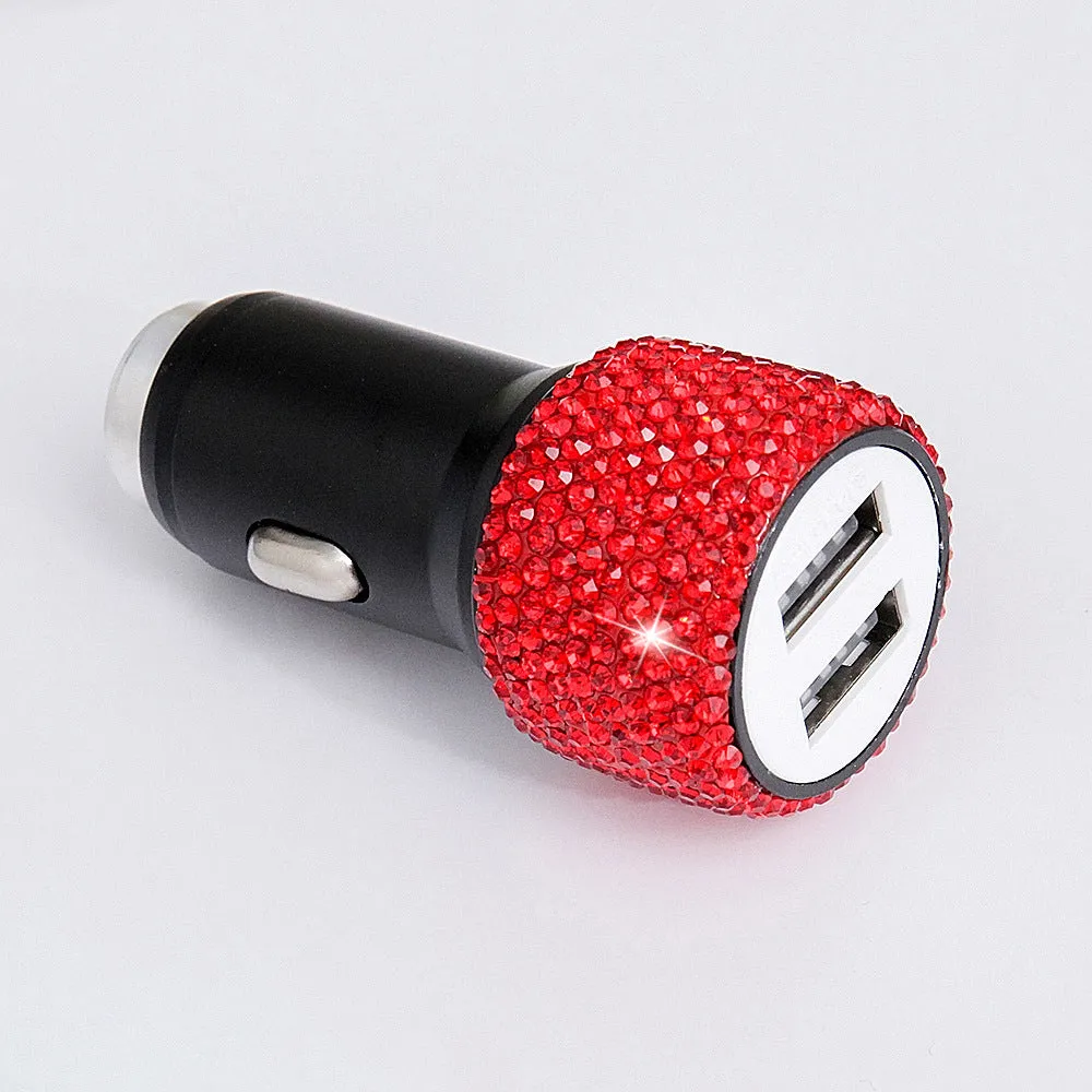 Diamond-studded car mobile phone safety hammer charger with dual USB ports, compact 25mm x 65mm