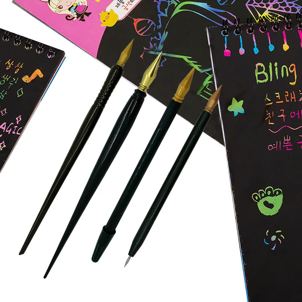 A white PS plastic scratch pen for children's rainbow drawing and art projects on black paper.