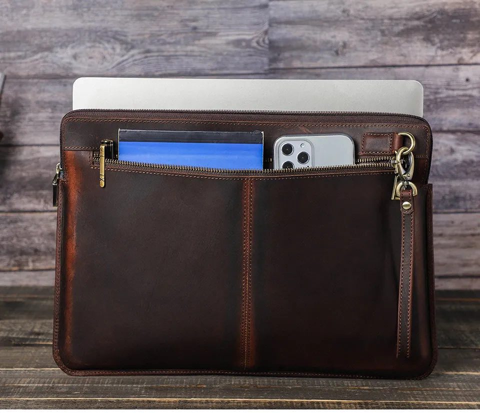 Retro crazy horse leather zipper computer bag for MacBook Pro 15.4/16 in coffee brown
