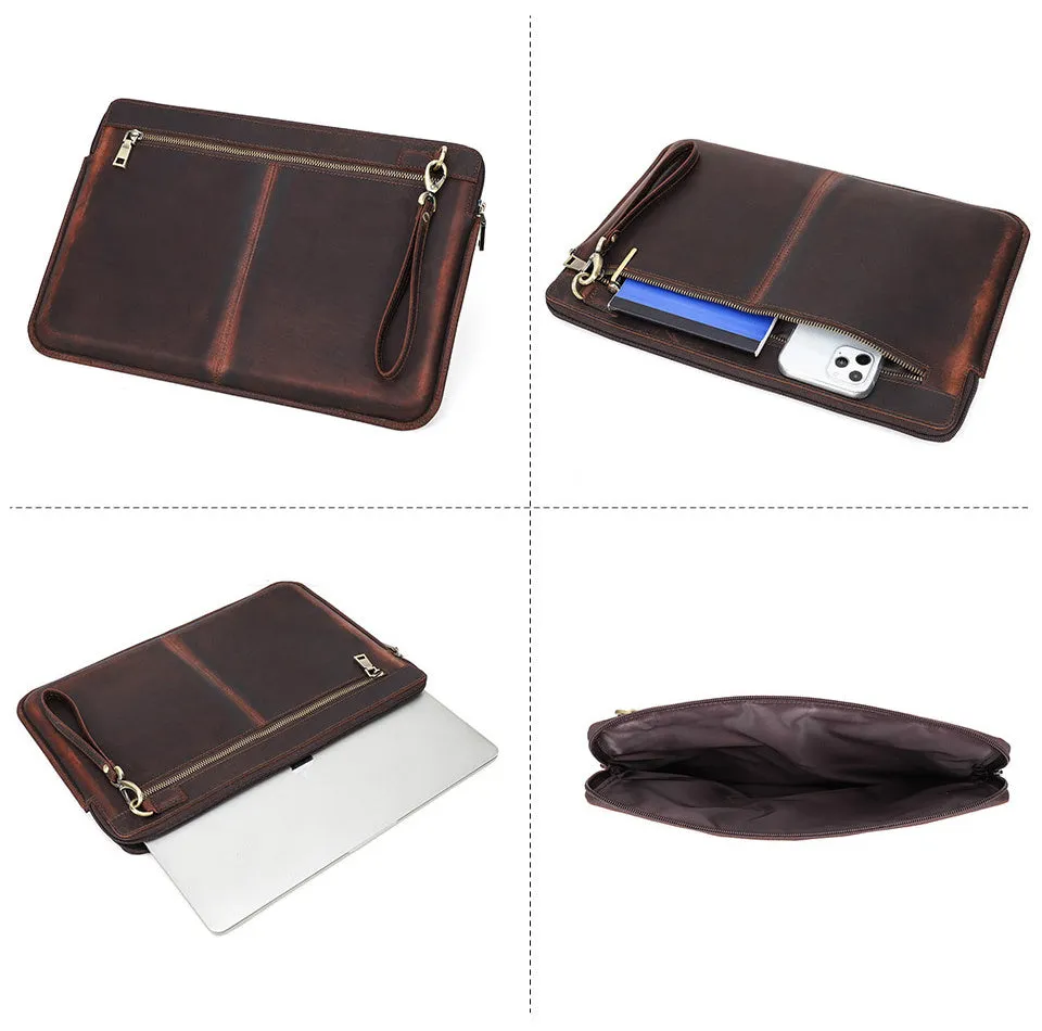Retro crazy horse leather zipper computer bag for MacBook Pro 15.4/16 in coffee brown
