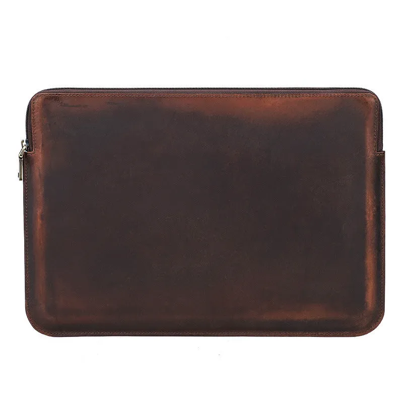Retro crazy horse leather zipper computer bag for MacBook Pro 15.4/16 in coffee brown