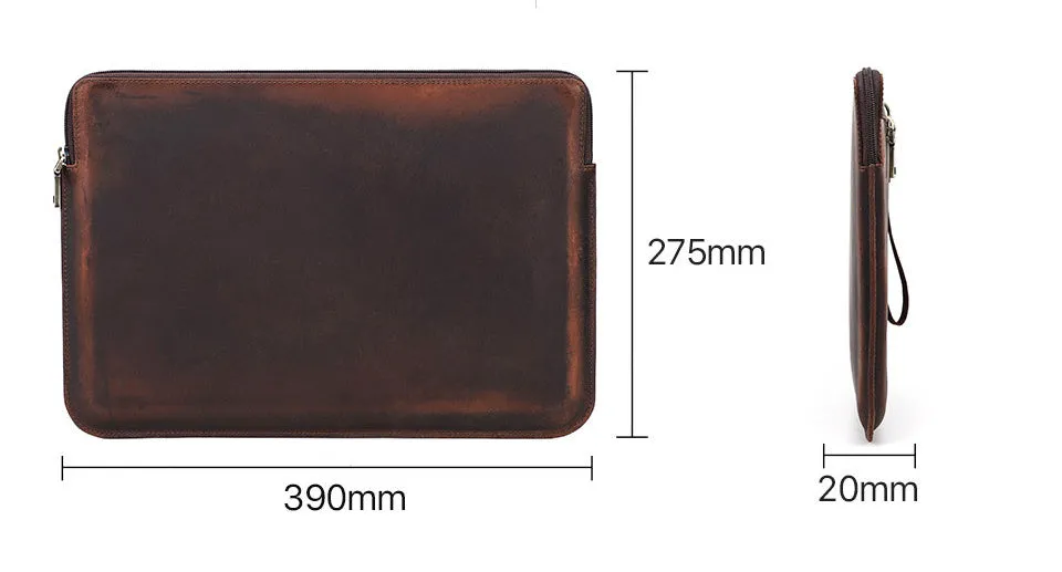 Retro crazy horse leather zipper computer bag for MacBook Pro 15.4/16 in coffee brown