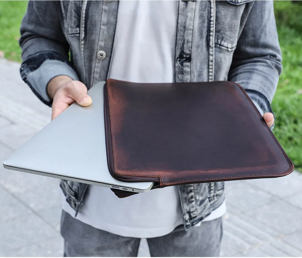 Retro crazy horse leather zipper computer bag for MacBook Pro 15.4/16 in coffee brown