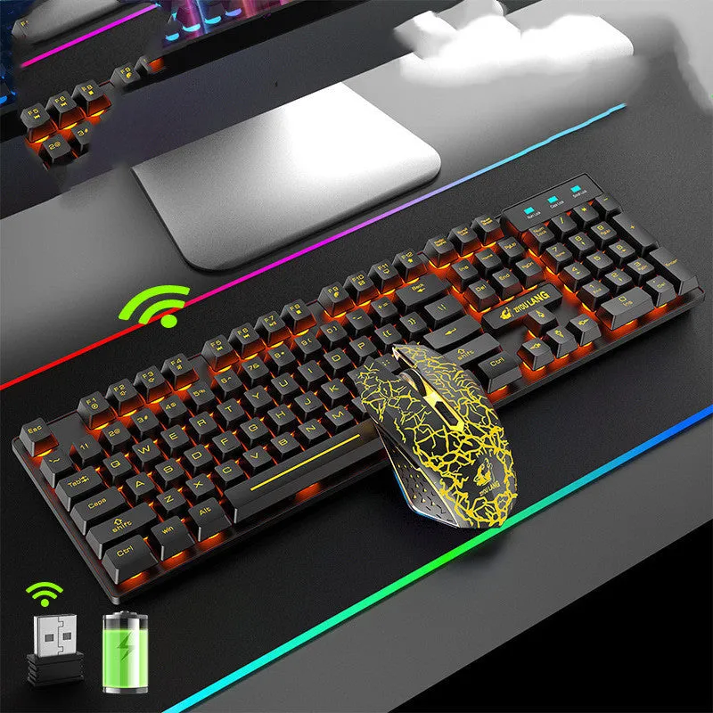 Rechargeable wireless keyboard with mechanical axis keys and backlight, black casing, orange LED lighting