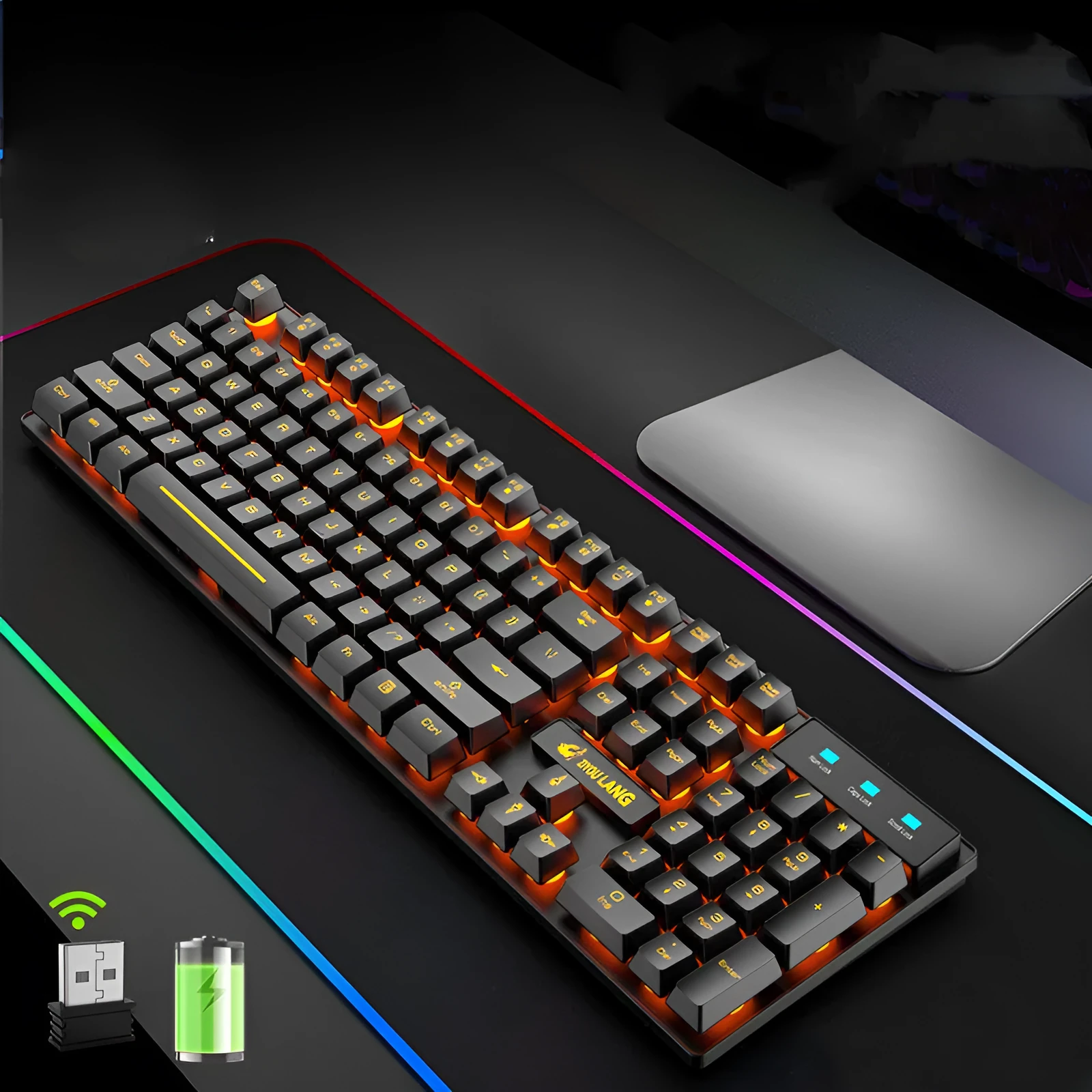 Rechargeable wireless keyboard with mechanical axis keys and backlight, black casing, orange LED lighting