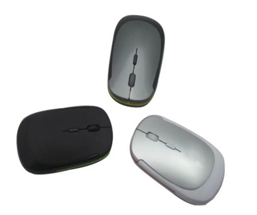 2.4G wireless optoelectronic mouse with slim design in black, showing three buttons and USB receiver slot