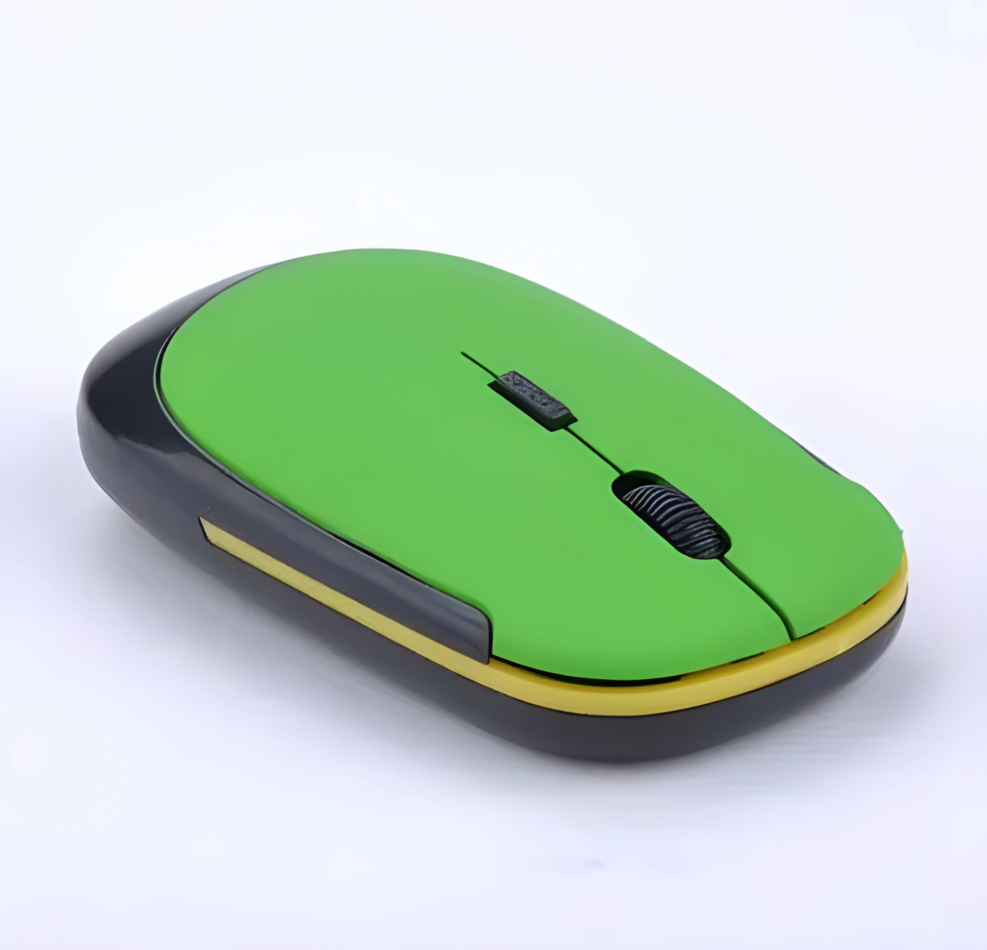 2.4G wireless optoelectronic mouse with slim design in black, showing three buttons and USB receiver slot