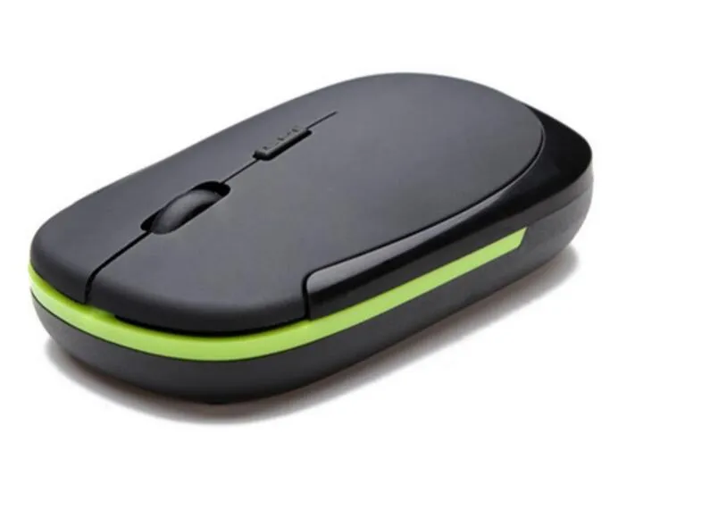 2.4G wireless optoelectronic mouse with slim design in black, showing three buttons and USB receiver slot